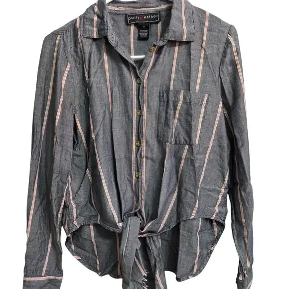 Poly & Esther Woman's Grey with Red and White Stripes Button Down Shirt size M - Picture 4 of 8